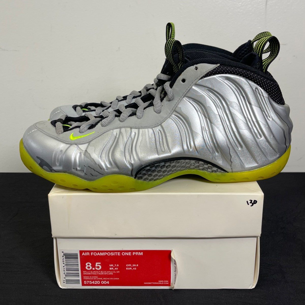 Nike Air Foamposite One Silver Volt Camo 8.5 (Moderately Worn Pre-Owned)NikeMetallic Silver/Volt-Black - Image 3