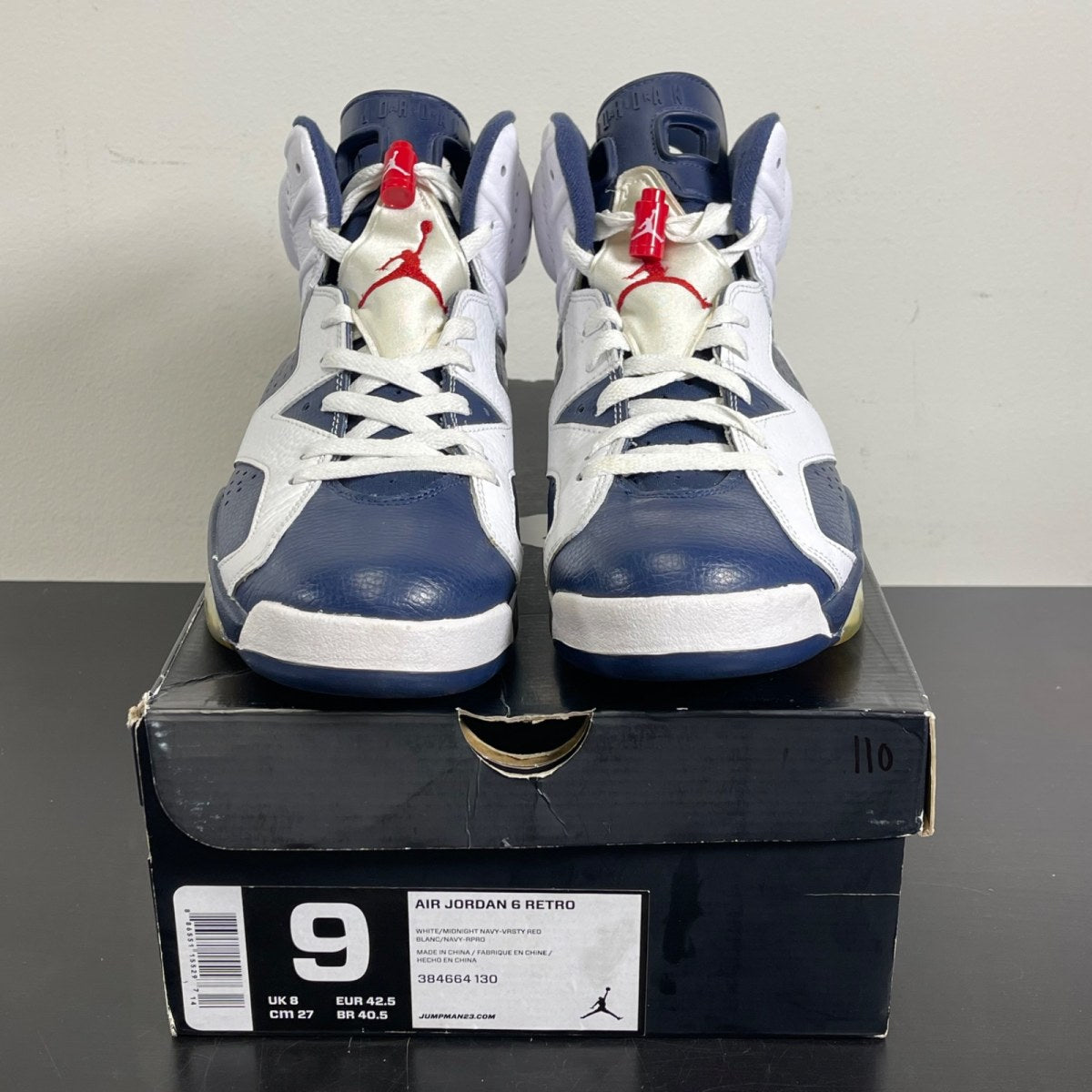 Jordan 6 Retro Olympic London (2012) 9 (Moderately Worn Pre-Owned)JordanWhite/Midnight Navy-Varsity Red - Image 2