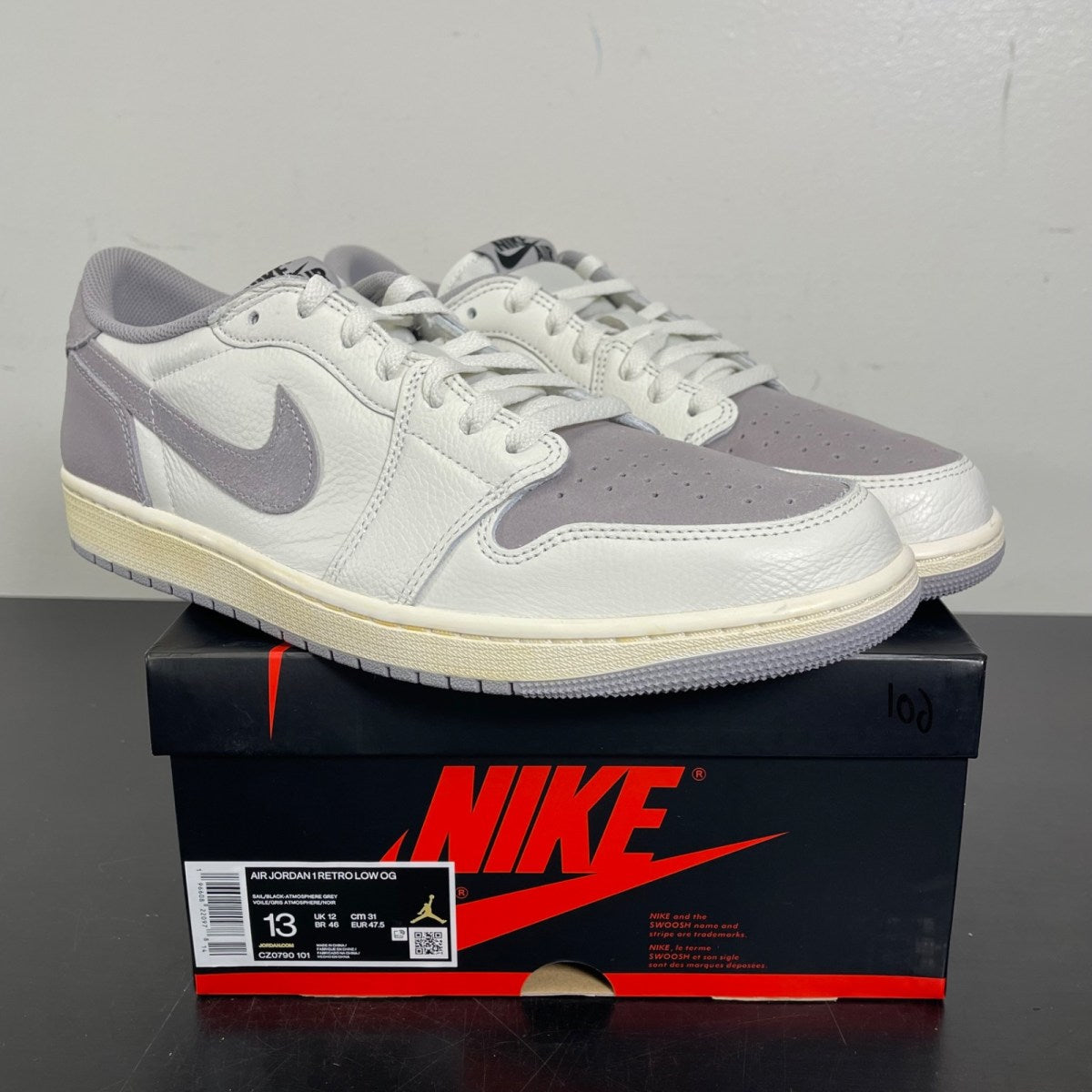 Jordan 1 Retro Low OG Atmosphere Grey 13 (Moderately Worn Pre-Owned)JordanSail/Black/Atmosphere Grey - Image 1