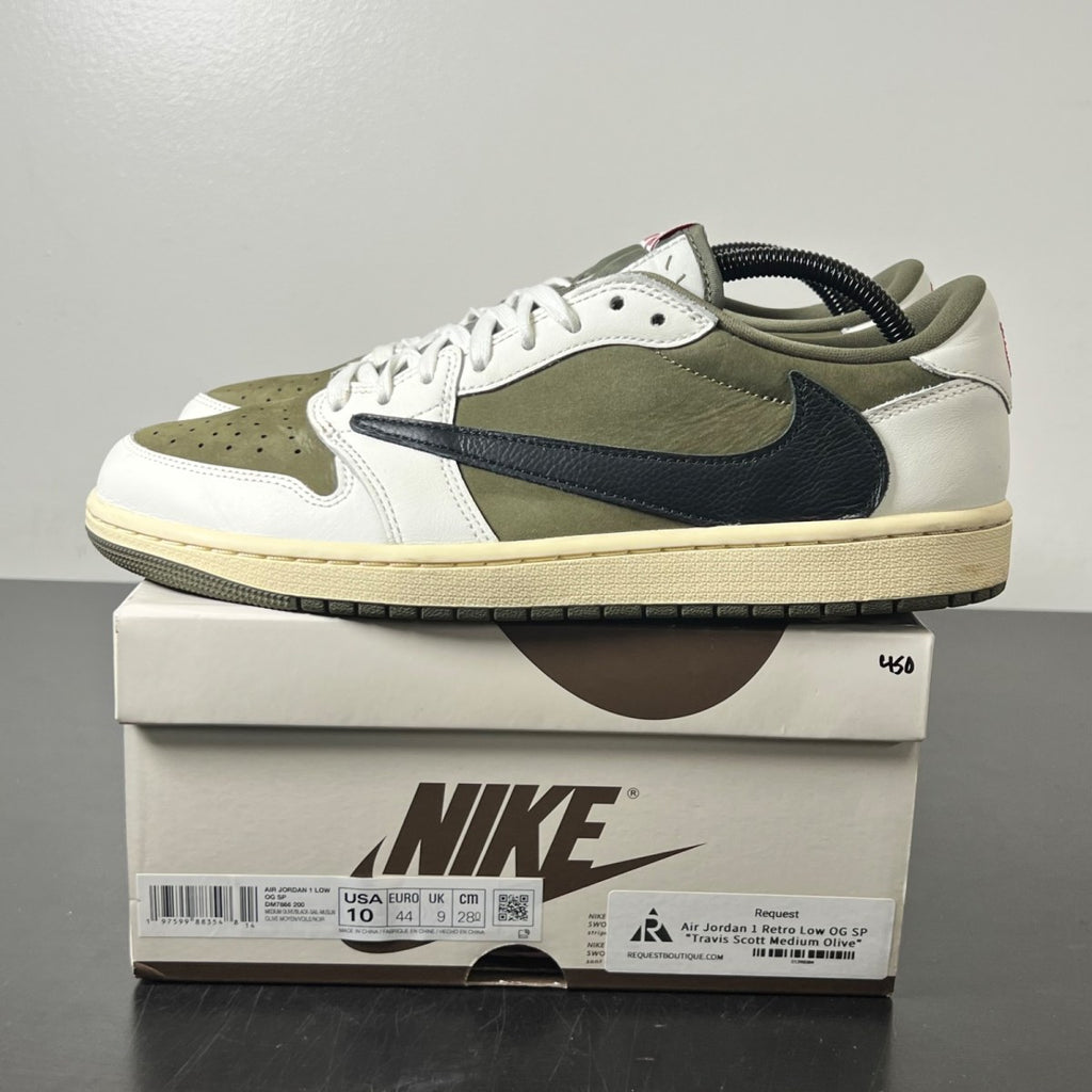 Jordan 1 Retro Low OG SP Travis Scott Medium Olive 10 (Lightly Worn Pre-Owned)JordanMedium Olive/Black/Sail/Muslin - Image 3