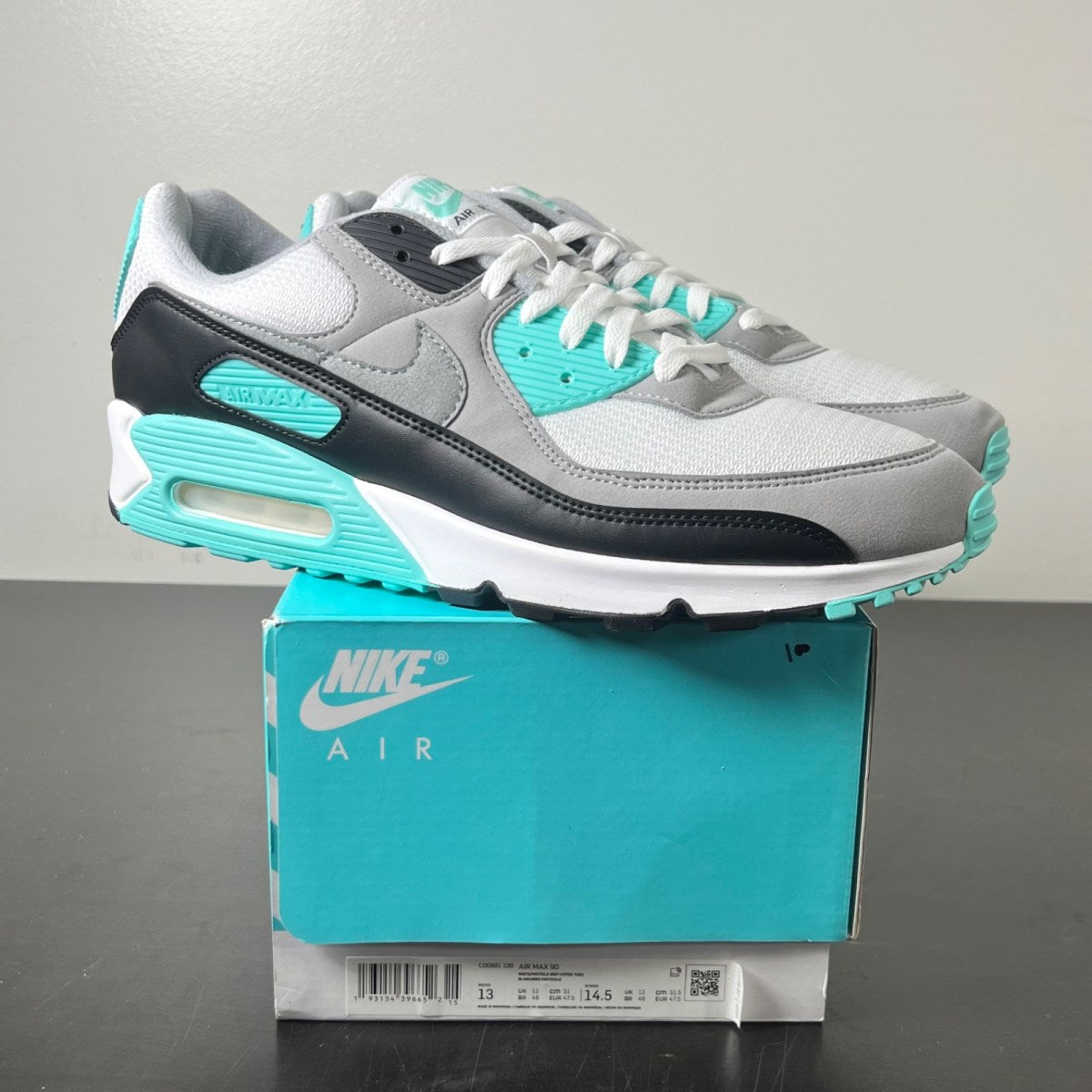 Nike Air Max 90 Recraft Turquoise 13 (Lightly Worn Pre-Owned)NikeWhite/Particle Grey-Black-Turquoise - Image 1
