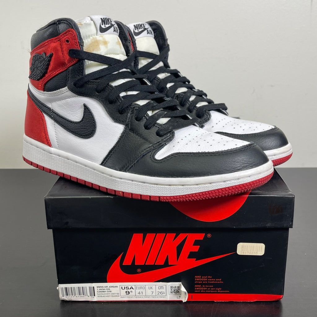 Jordan 1 Retro High Satin Black Toe (Women's) 9.5W (Moderately Worn Pre-Owned)JordanBlack/White-University Red - Image 1