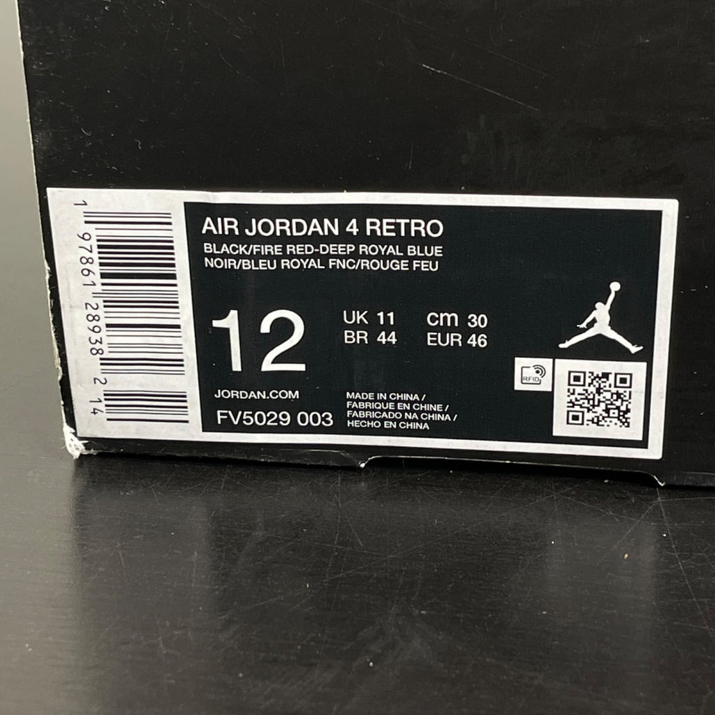 Jordan 4 Retro Rare Air (Gold Lettering) 12 (Moderately Worn Pre-Owned)JordanBlack/Fire Red/Deep Royal Blue/Dark Smoke Grey/Tech Grey - Image 7