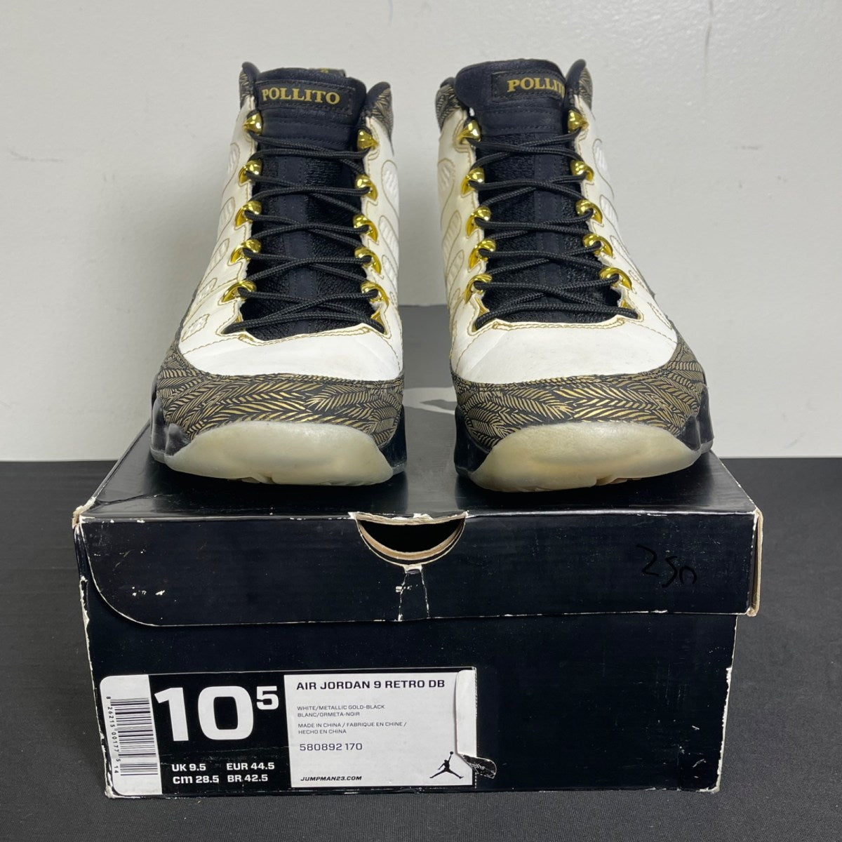 Jordan 9 Retro Doernbecher Pollito 10.5 (Moderately Worn Pre-Owned)JordanWhite/Metallic Gold-Black - Image 2