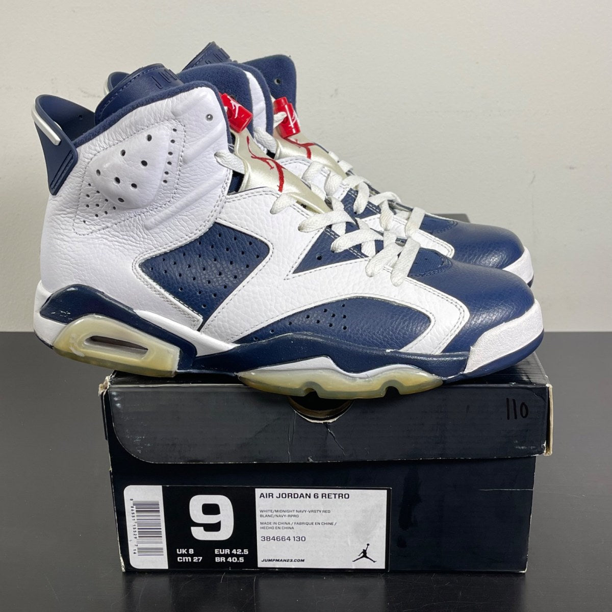 Jordan 6 Retro Olympic London (2012) 9 (Moderately Worn Pre-Owned)JordanWhite/Midnight Navy-Varsity Red - Image 1