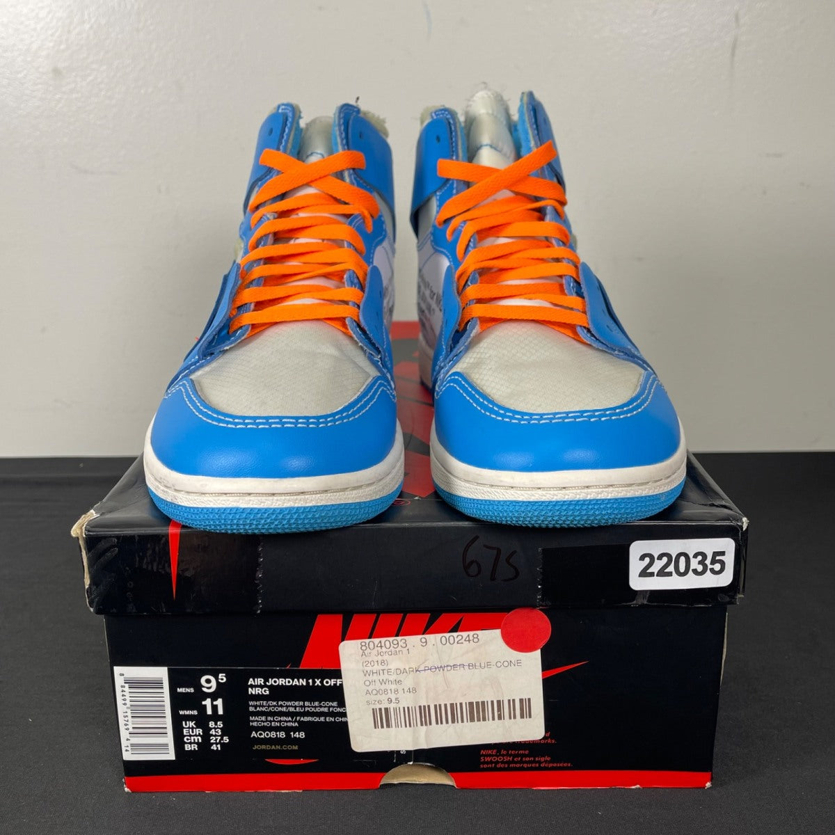 Jordan 1 Retro High Off-White University Blue 9.5 (Moderately Worn Pre-Owned)JordanWhite/Dark Powder Blue-Cone - Image 2