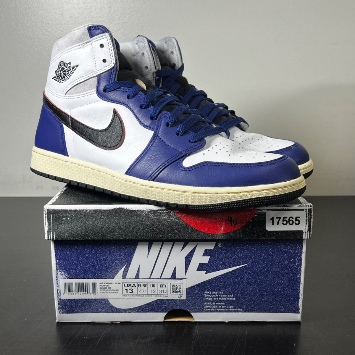 Jordan 1 Retro High OG Rare Air 13 (Moderately Worn Pre-Owned)JordanWhite/Black-Neutral Grey-Deep Royal Blue-Muslin - Image 1