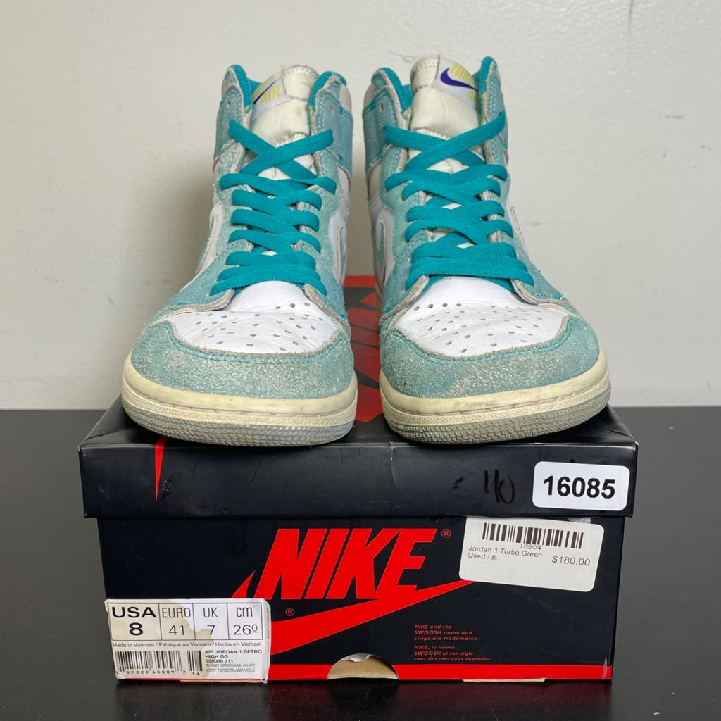 Jordan 1 Retro High Turbo Green 8 (Moderately Worn Pre-Owned)JordanTurbo Green/Sail-White-Light Smoke Grey - Image 2