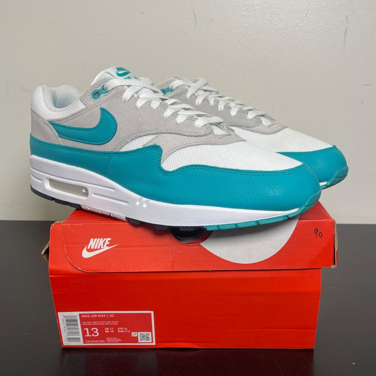 Nike Air Max 1 SC Clear Jade 13 (Moderately Worn Pre-Owned)NikeNeutral Grey/Clear Jade-White-Black - Image 1
