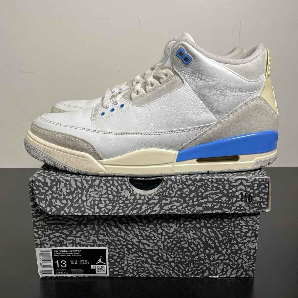 Jordan 3 Retro Lucky Shorts 13 (Moderately Worn Pre-Owned)JordanSummit White/Hydrogen Blue-Legend Blue-Photon Dust-Pure Platinum-Sail - Image 3