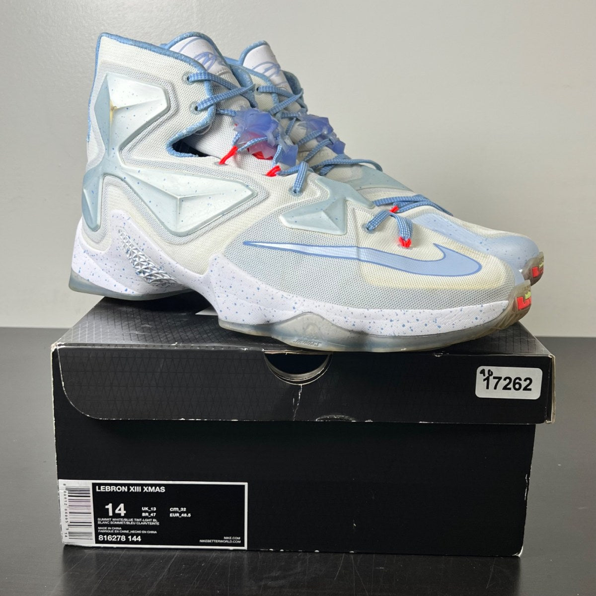 Nike LeBron 13 Christmas 14 (Moderately Worn Pre-Owned)NikeWhite/Blue Tint-Blue Lagoon - Image 1