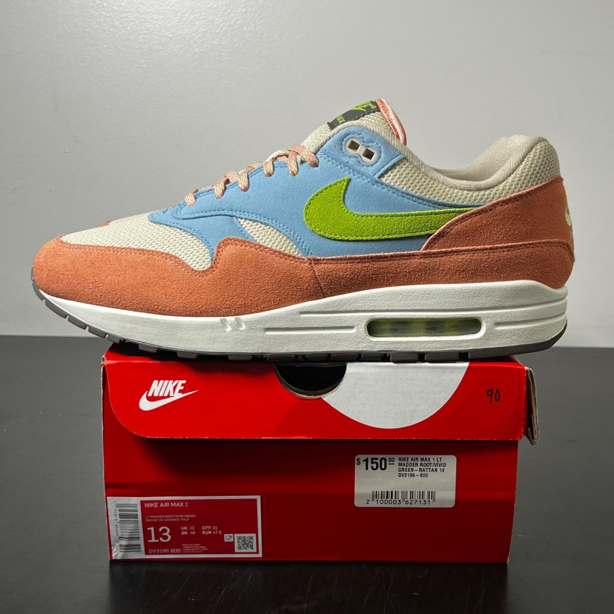 Nike Air Max 1 Light Madder Root Worn Blue 13 (Lightly Worn Pre-Owned)NikeLight Madder Root/Vivid Green-Rattan - Image 3