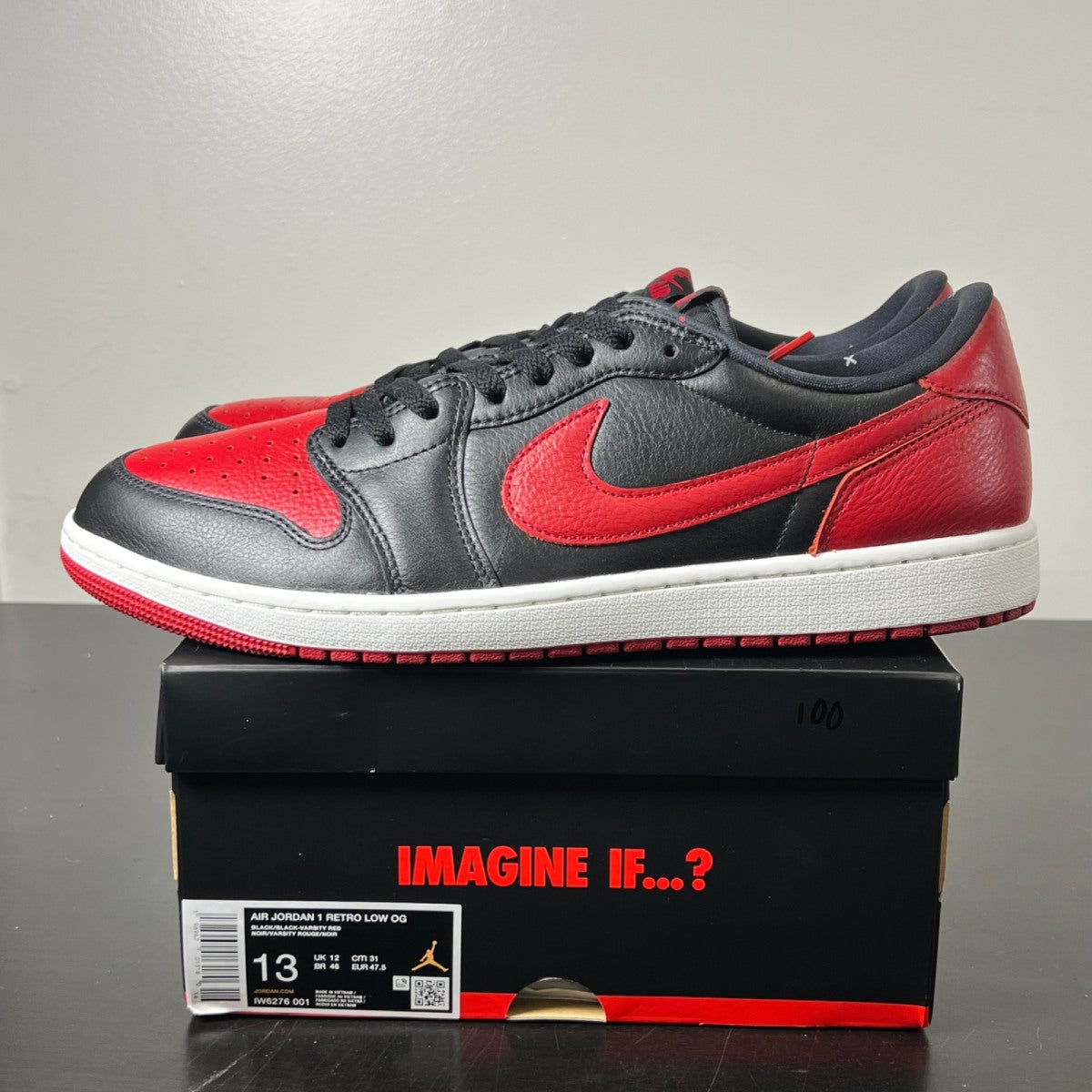 Jordan 1 Retro Low OG Banned 13 (Lightly Worn Pre-Owned)JordanBlack/Black/Varsity Red/Summit White - Image 3