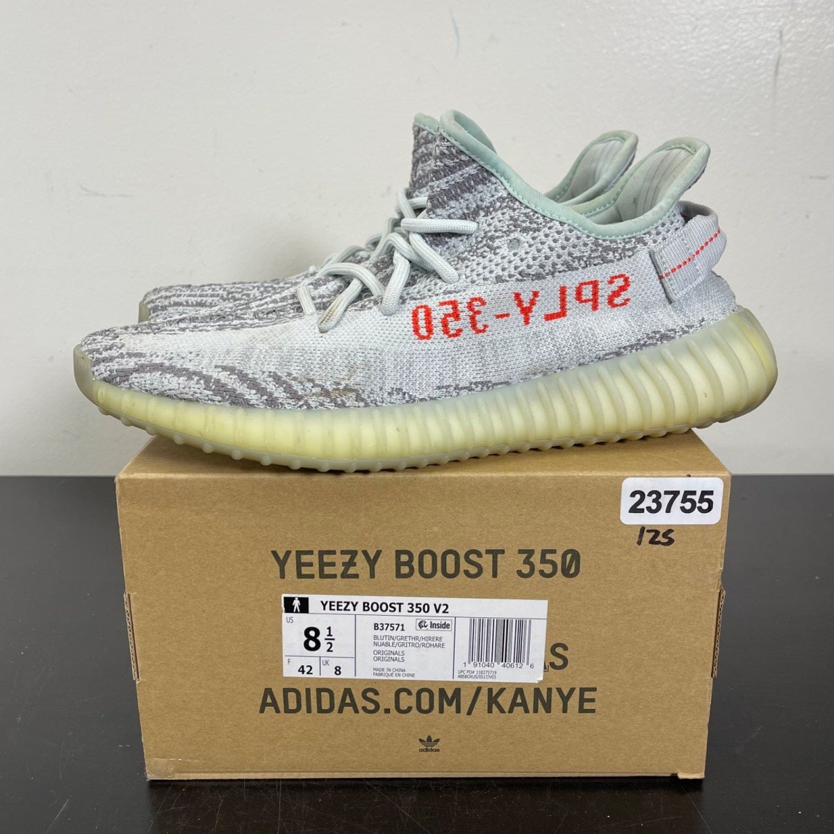 adidas Yeezy Boost 350 V2 Blue Tint 8.5 (Moderately Worn Pre-Owned)adidasBlue Tint/Grey Three/High Risk Red - Image 3