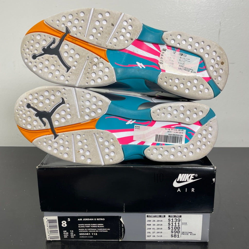 Jordan 8 Retro South Beach 8.5 (Moderately Worn Pre-Owned)JordanWhite/White-Turbo Green-Neutral Grey - Image 5