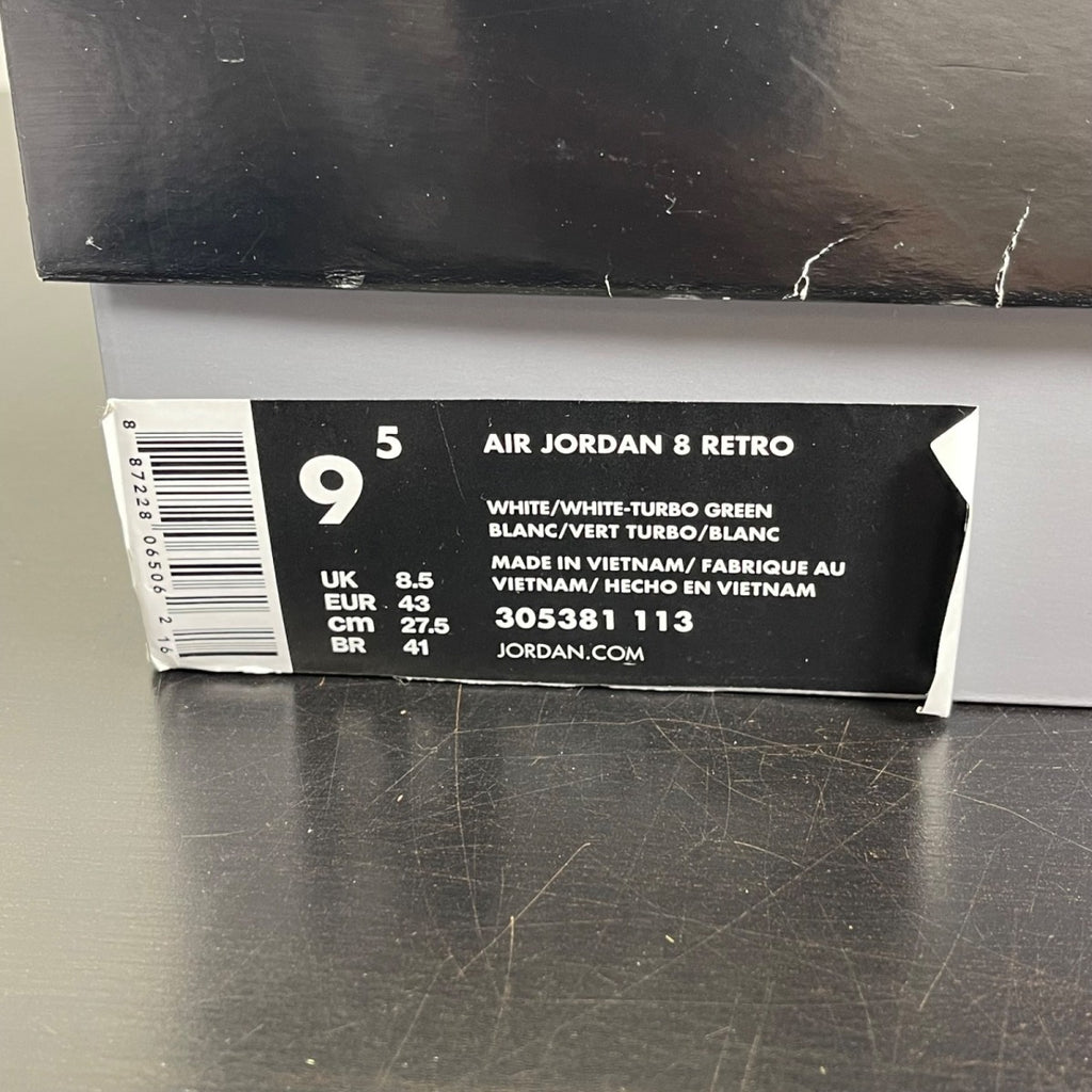 Jordan 8 Retro South Beach 9.5 (Moderately Worn Pre-Owned)JordanWhite/White-Turbo Green-Neutral Grey - Image 7