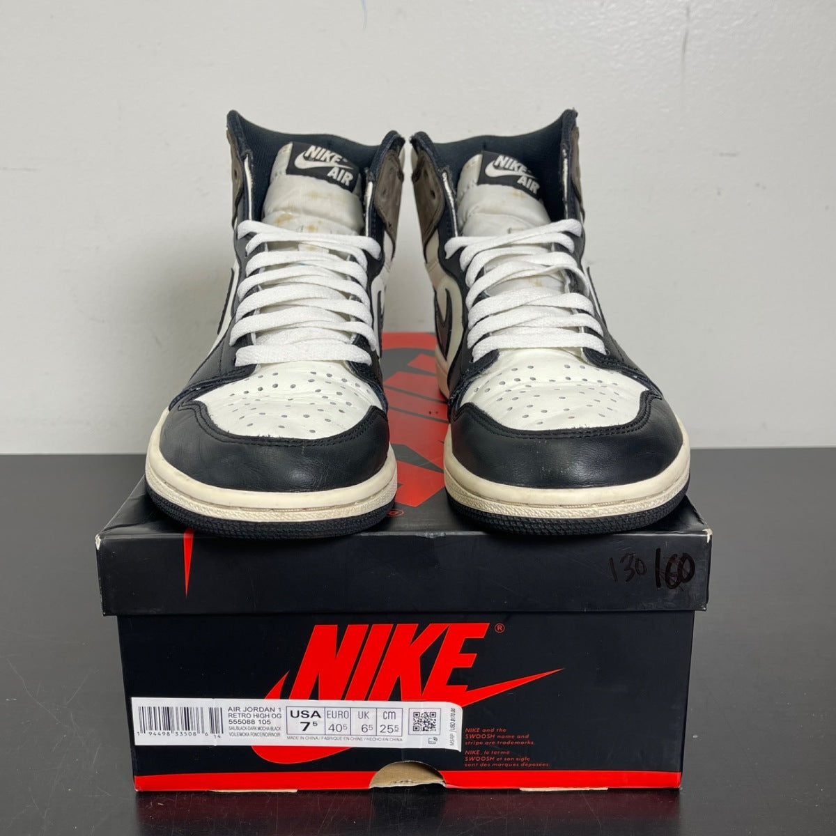 Jordan 1 Retro High Dark Mocha 7.5 (Moderately Worn Pre-Owned)JordanSail/Dark Mocha-Black-Black - Image 2