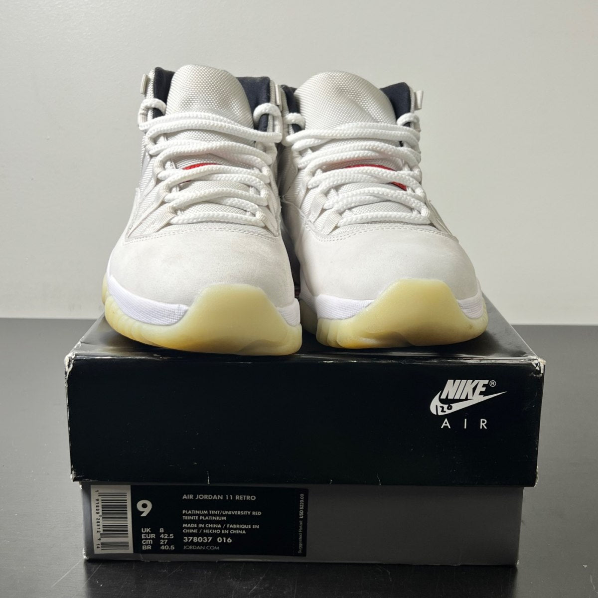 Jordan 11 Retro Platinum Tint 9 (Lightly Worn Pre-Owned)JordanPlatinum Tint/Sail-University Red-Black - Image 2