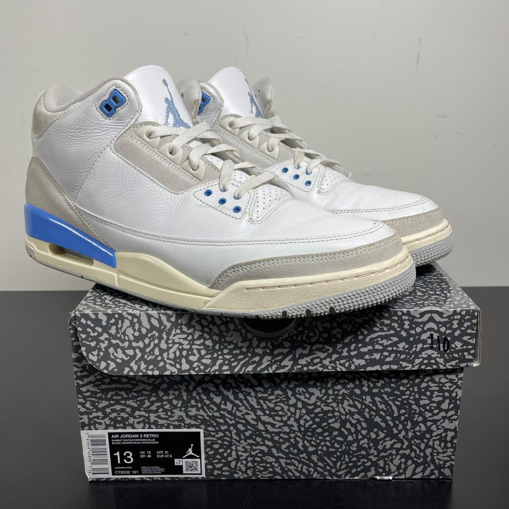 Jordan 3 Retro Lucky Shorts 13 (Moderately Worn Pre-Owned)JordanSummit White/Hydrogen Blue-Legend Blue-Photon Dust-Pure Platinum-Sail - Image 1