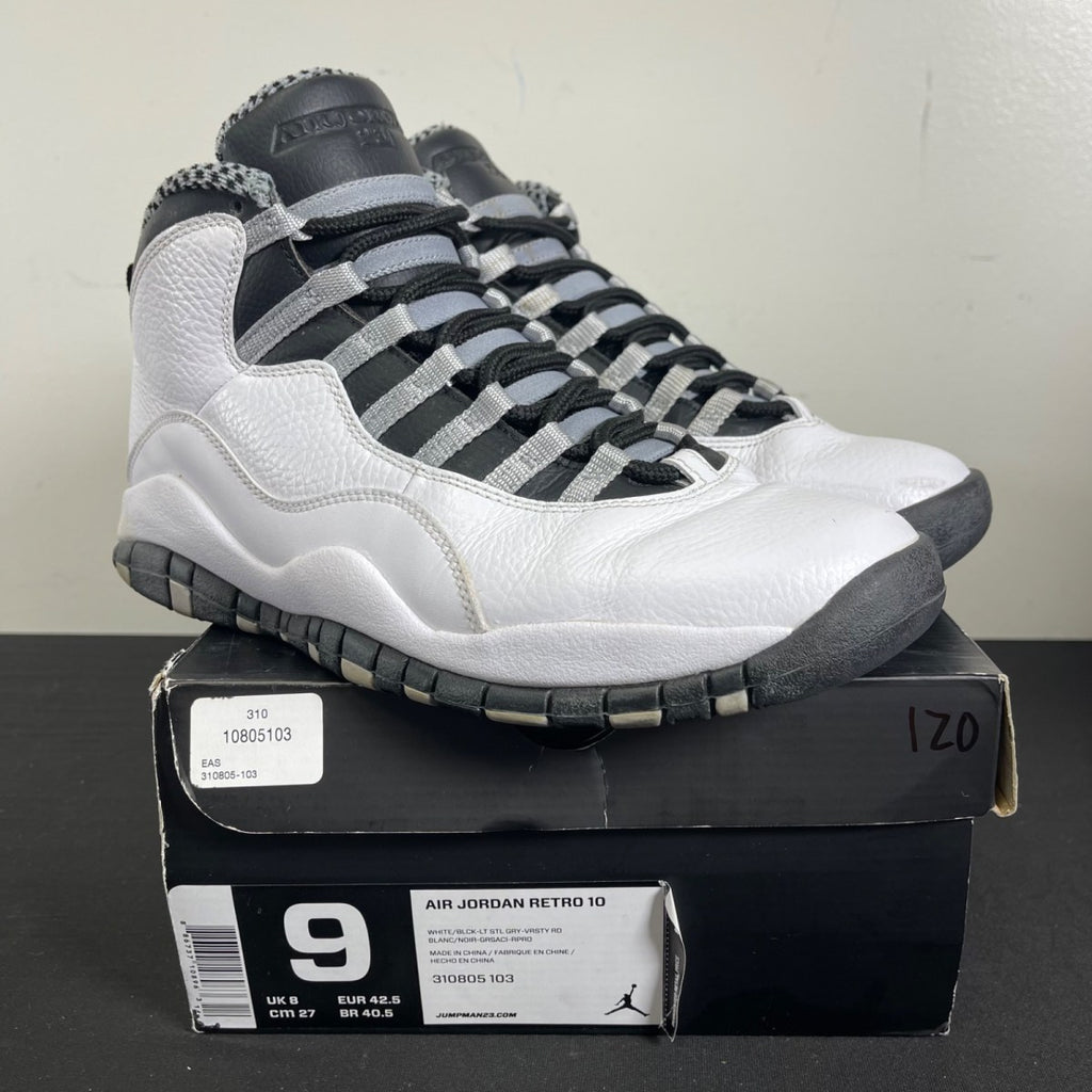 Jordan 10 Retro Steel (2013) 9 (Moderately Worn Pre-Owned)JordanWhite/Black-Light Steel Grey-Varsity Maize - Image 1