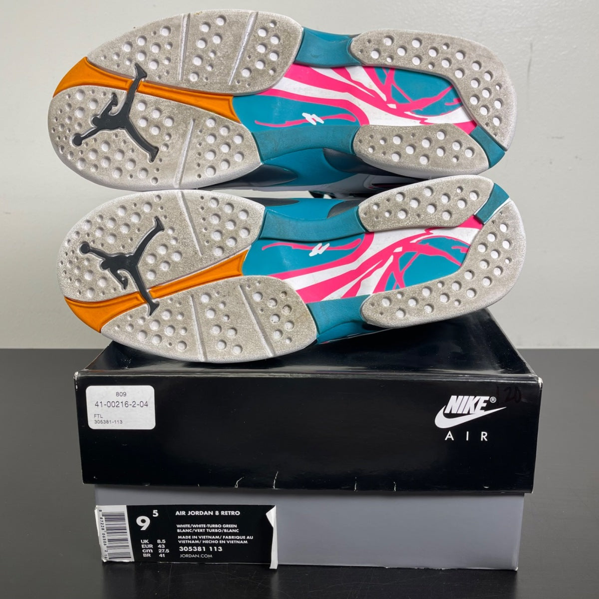 Jordan 8 Retro South Beach 9.5 (Moderately Worn Pre-Owned)JordanWhite/White-Turbo Green-Neutral Grey - Image 5