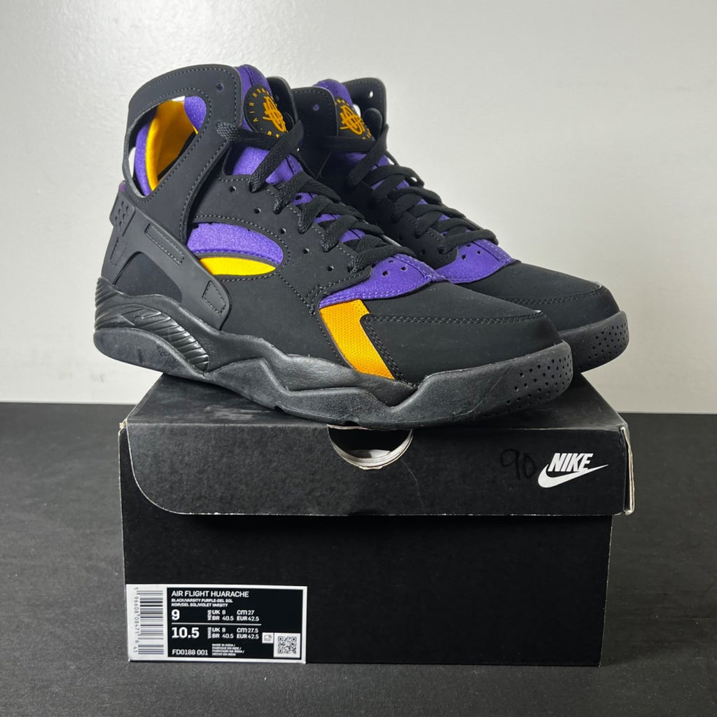 Nike Air Flight Huarache Lakers Away 9 (Lightly Worn Pre-Owned)NikeBlack/Varsity Purple/Del Sol - Image 1