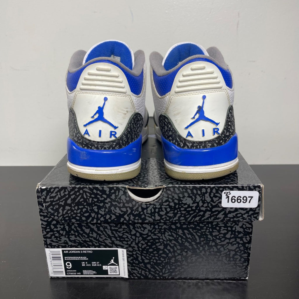 Jordan 3 Retro Racer Blue 9 (Moderately Worn Pre-Owned)JordanWhite/Black-Cement Grey-Racer Blue - Image 4