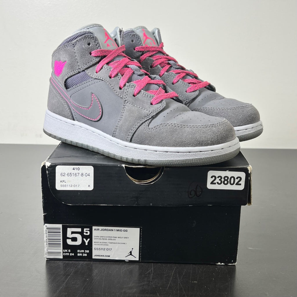 Air Jordan 1 Mid GS 'Dark Grey Hyper Pink' 5.5 (Moderately Worn Pre-Owned)Air Jordan - Image 1