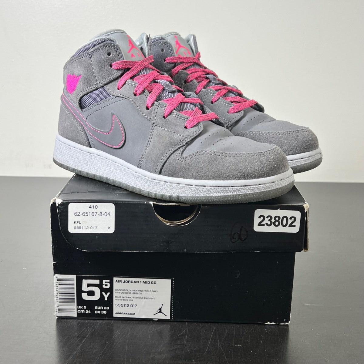 Air Jordan 1 Mid GS 'Dark Grey Hyper Pink' 5.5 (Moderately Worn Pre-Owned)Air Jordan - Image 1