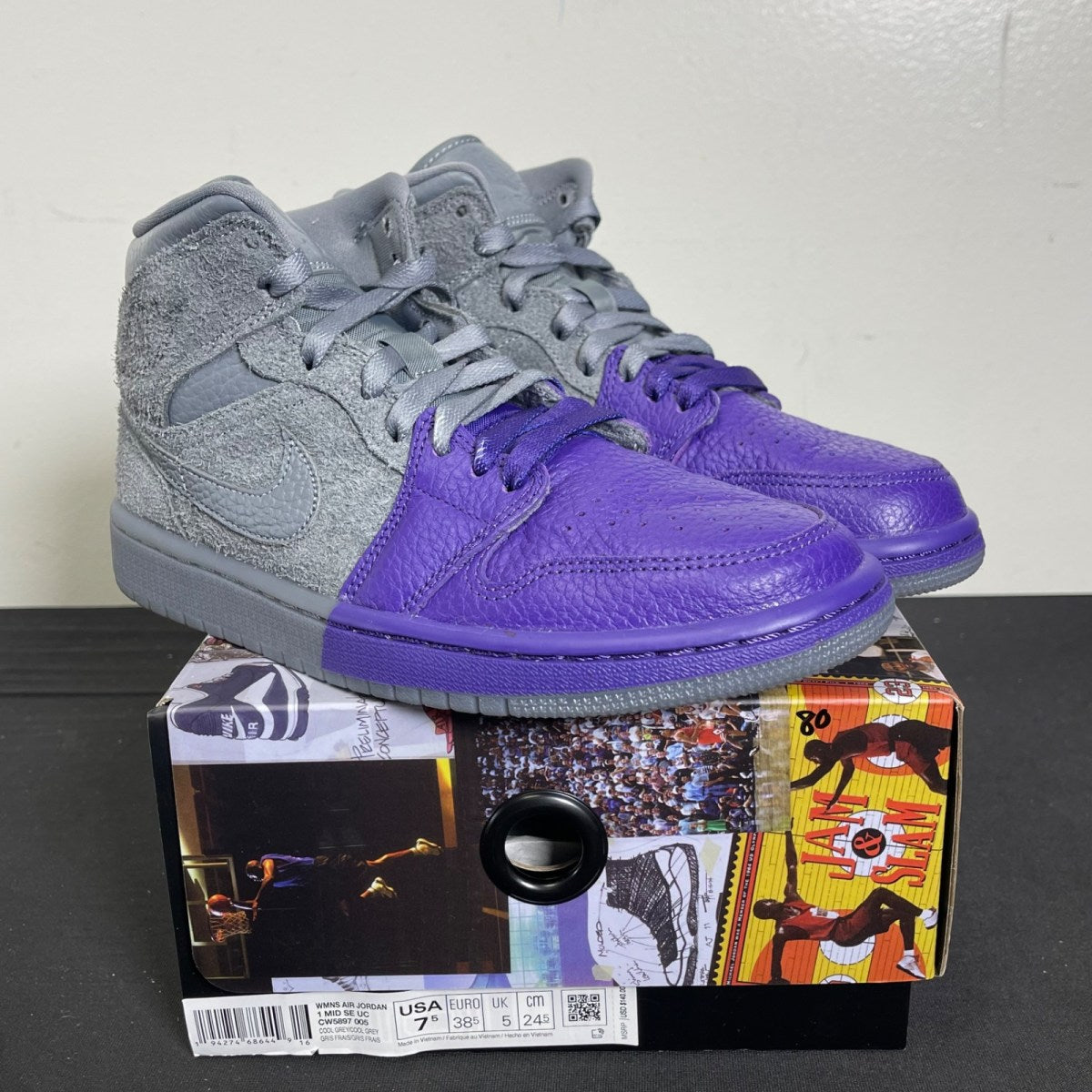 Jordan 1 Mid Sheila Rashid (Women's) 7.5W (Moderately Worn Pre-Owned)JordanMedium Grey/Cool Grey-Court Purple - Image 1