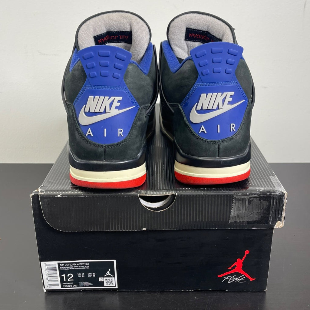 Jordan 4 Retro Rare Air (Gold Lettering) 12 (Moderately Worn Pre-Owned)JordanBlack/Fire Red/Deep Royal Blue/Dark Smoke Grey/Tech Grey - Image 4