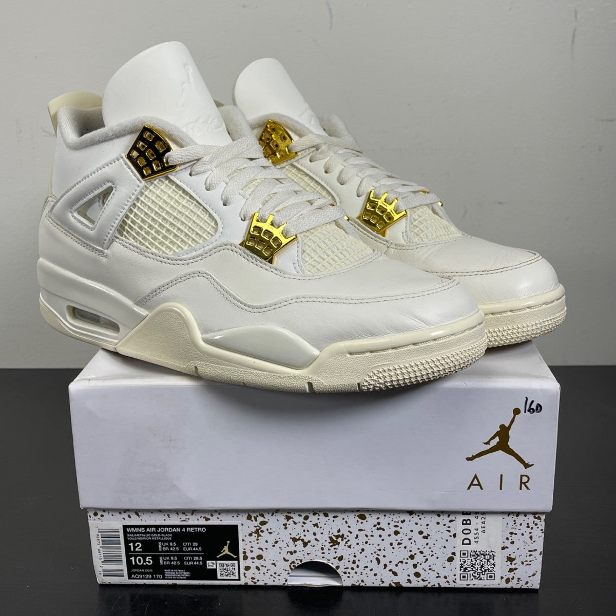 Jordan 4 Retro Metallic Gold (Women's) 12W (Moderately Worn Pre-Owned)JordanSail/Metallic Gold/Black - Image 1