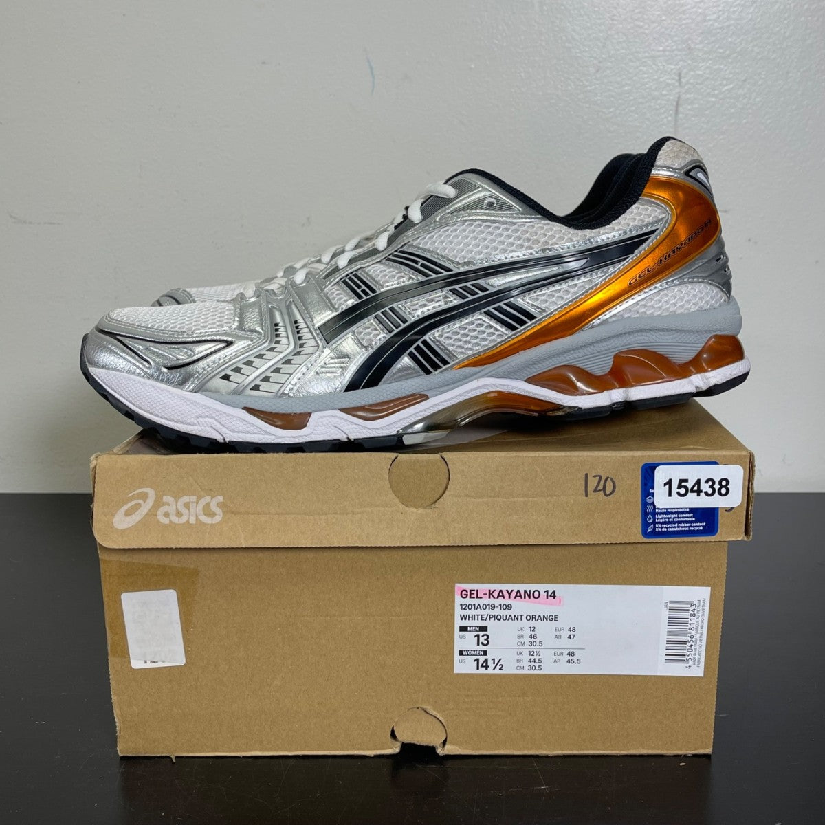 ASICS Gel-Kayano 14 White Piquant Orange 13 (Moderately Worn Pre-Owned)ASICSWhite/Piquant Orange - Image 3