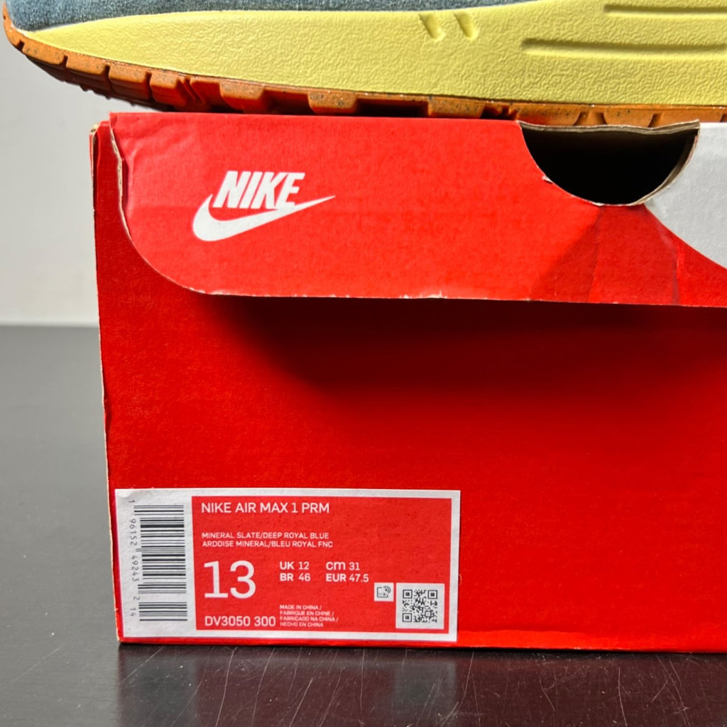 Nike Air Max 1 PRM Dirty Denim 13 (Lightly Worn Pre-Owned)NikeMineral Slate/Deep Royal Blue-Lemon Wash - Image 4