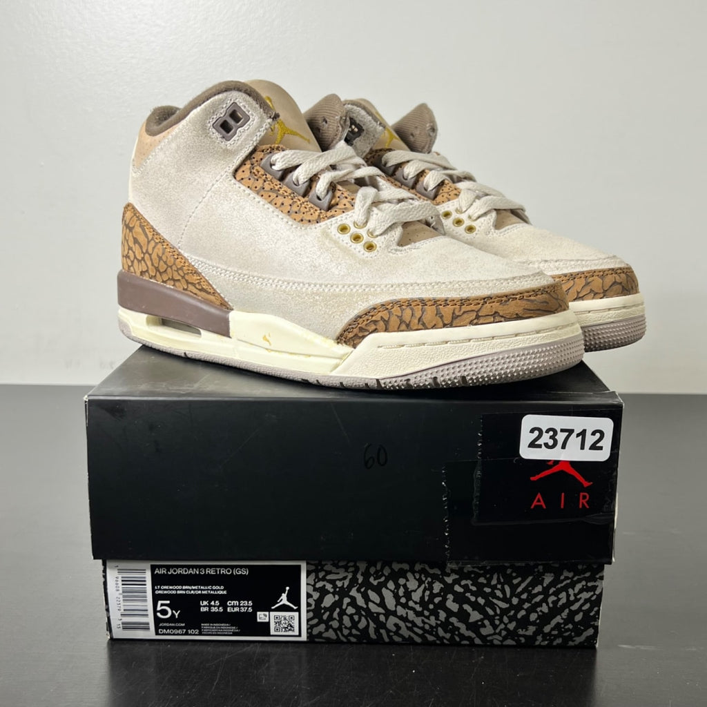 Jordan 3 Retro Palomino (GS) 5Y (Moderately Worn Pre-Owned)JordanLight Orewood Brown/Metallic Gold/Light British Tan/Palomino - Image 1