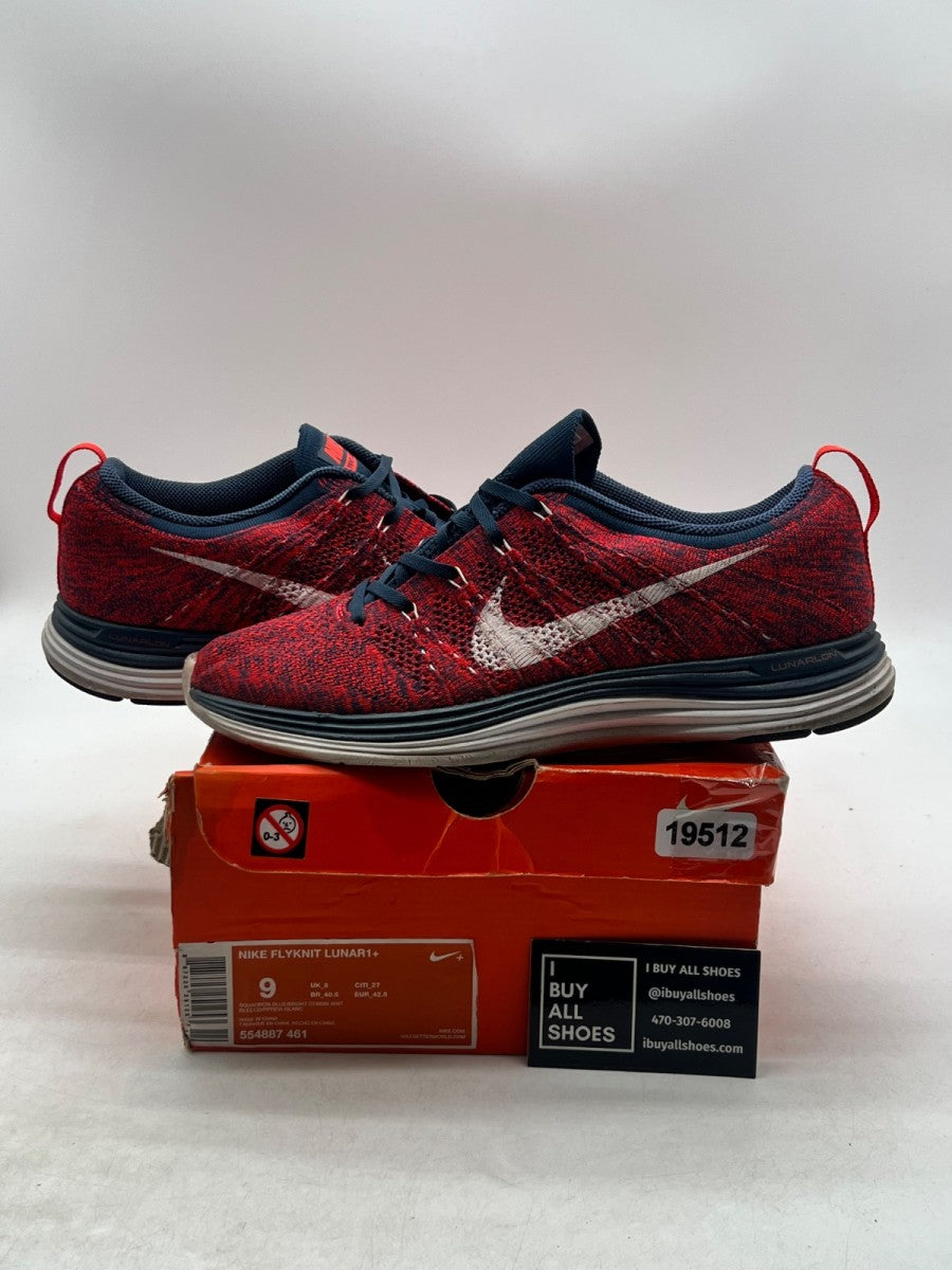 Nike Flyknit Lunar1+ Bright Crimson Squadron Blue 9 (Moderately Worn Pre-Owned) - Image 1
