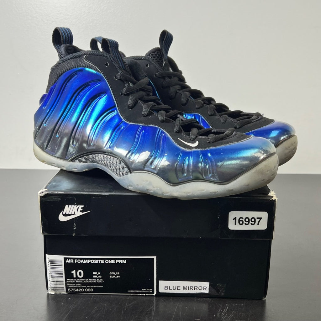 Nike Air Foamposite One Blue Mirror 10 (Moderately Worn Pre-Owned)NikeMetallic Silver/Black-Dark Neon Royal-White - Image 1