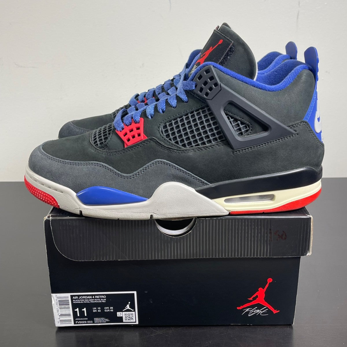 Jordan 4 Retro Rare Air (Gold Lettering) 11 (Moderately Worn Pre-Owned)JordanBlack/Fire Red/Deep Royal Blue/Dark Smoke Grey/Tech Grey - Image 3