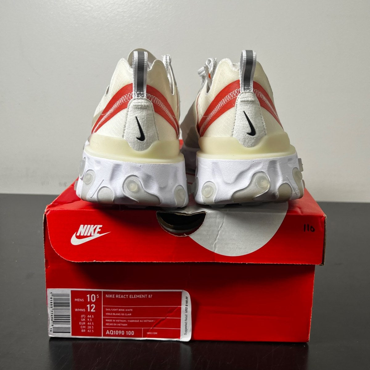 Nike React Element 87 Sail Light Bone 10.5 (Lightly Worn Pre-Owned)NikeSail/Light Bone-White-Rush Orange - Image 5