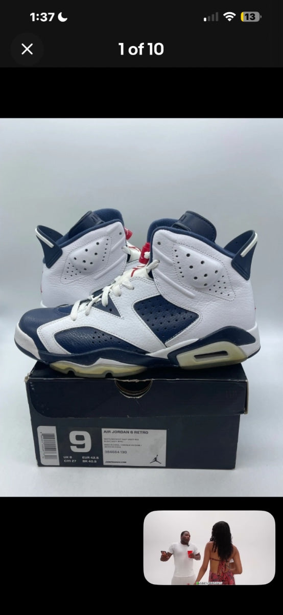 Jordan 6 Retro Olympic London (2012) 9 (Lightly Worn Pre-Owned)JordanWhite/Midnight Navy-Varsity Red - Image 1