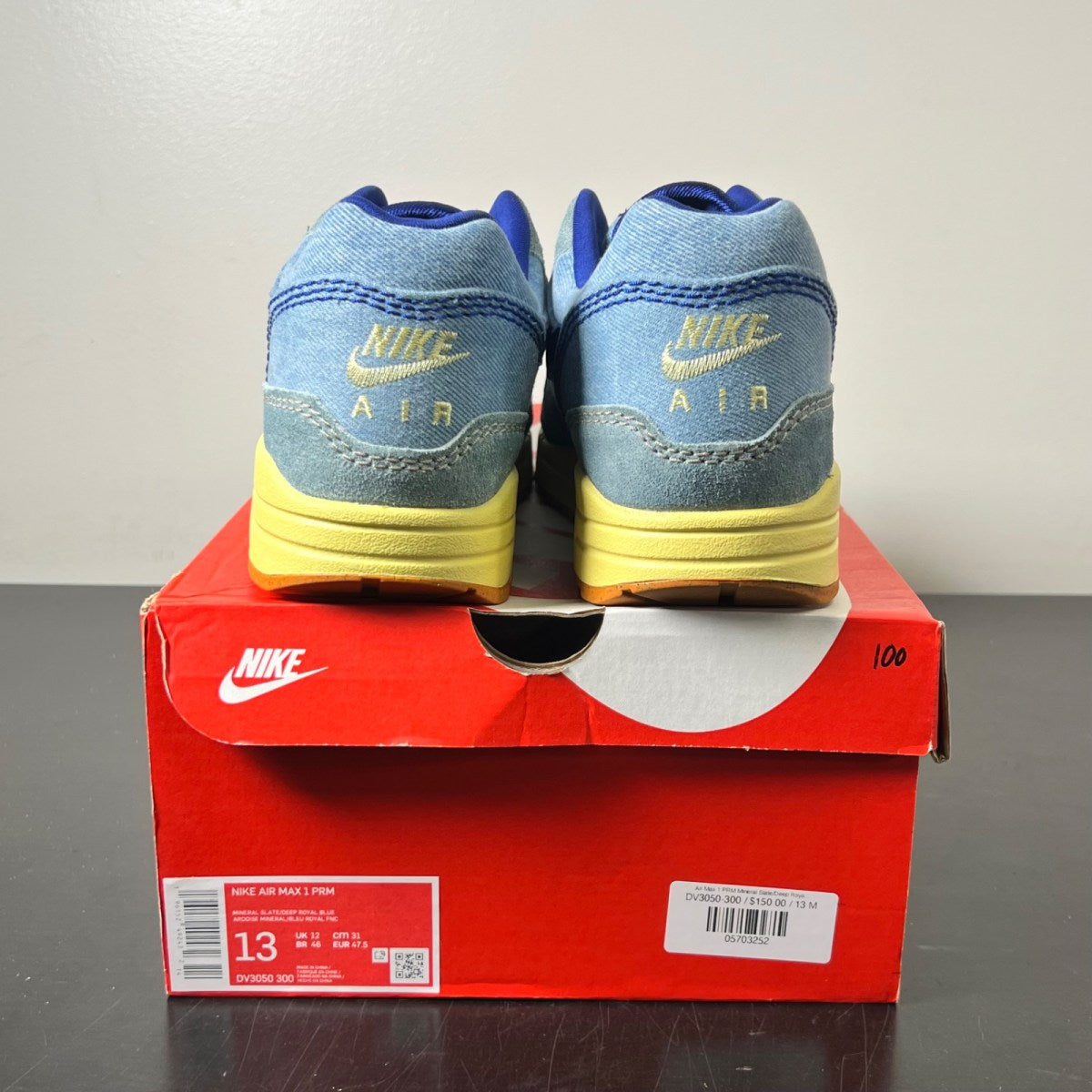 Nike Air Max 1 PRM Dirty Denim 13 (Lightly Worn Pre-Owned)NikeMineral Slate/Deep Royal Blue-Lemon Wash - Image 5