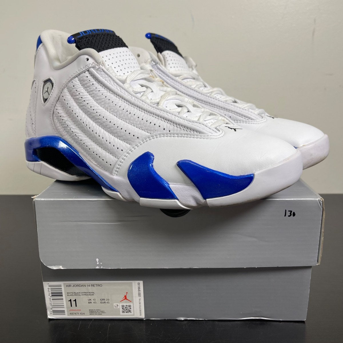 Jordan 14 Retro White Hyper Royal 11 (Moderately Worn Pre-Owned)JordanWhite/Black-Hyper Royal - Image 1