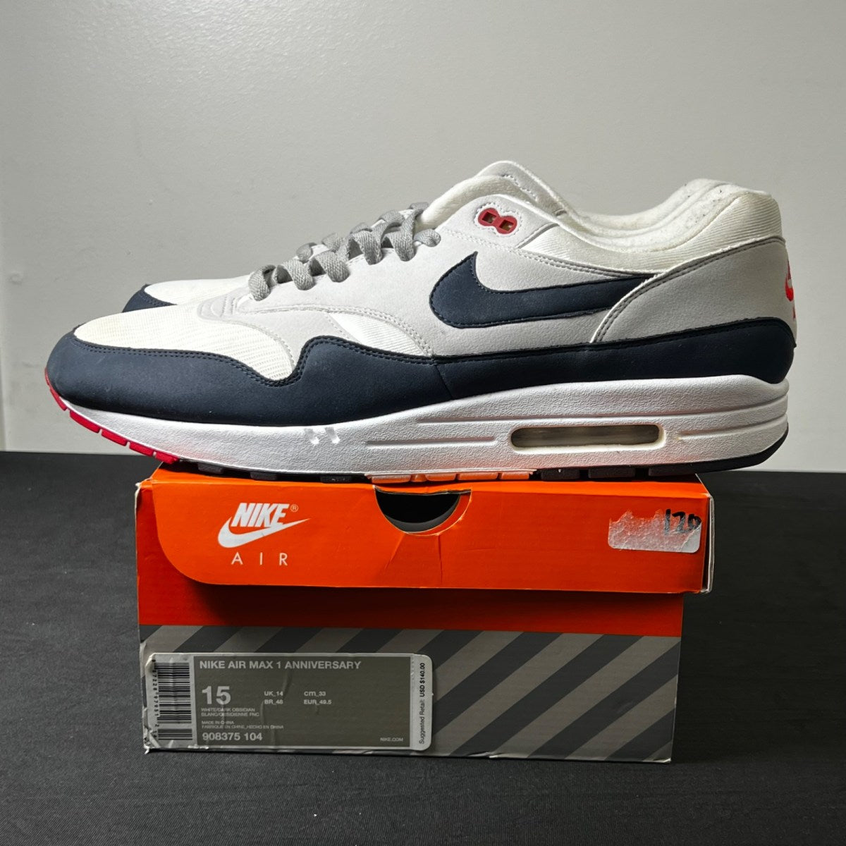 Nike Air Max 1 Anniversary Obsidian 15 (Moderately Worn Pre-Owned)NikeWhite/Dark Obsidian-Neutral Grey-Black - Image 3