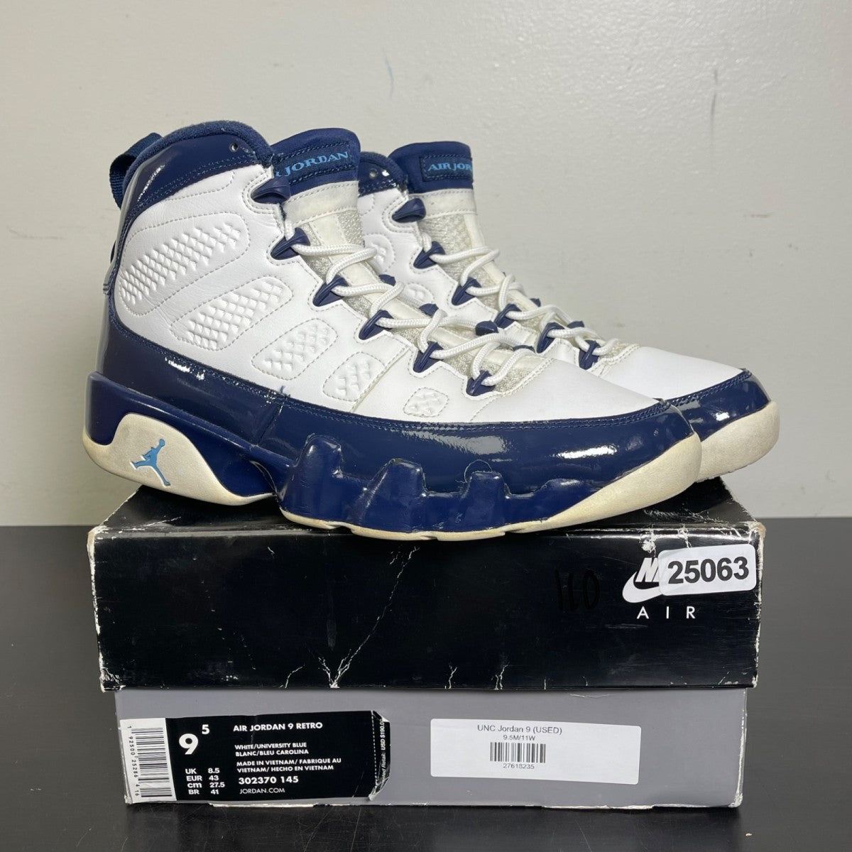 Jordan 9 Retro Pearl Blue 9.5 (Moderately Worn Pre-Owned)JordanWhite/University Blue-Midnight Navy - Image 1