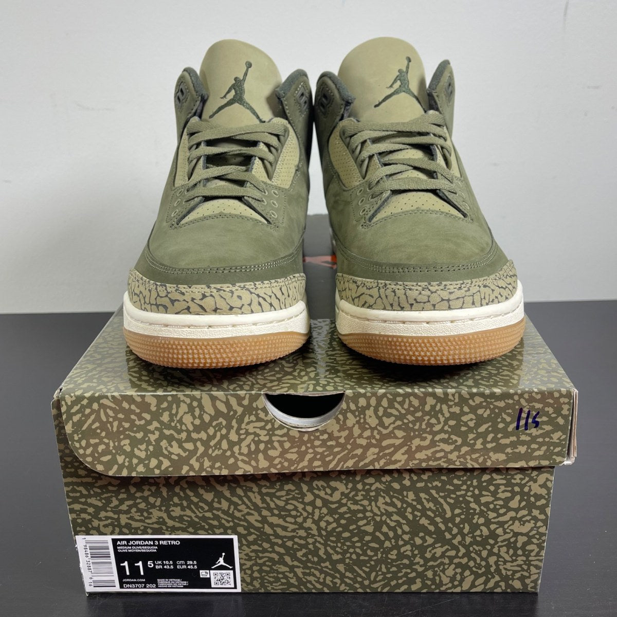 Jordan 3 Retro Family Affair 11.5 (Moderately Worn Pre-Owned)JordanMedium Olive/Sequoia/Neutral Olive/Sail/Total Crimson - Image 2