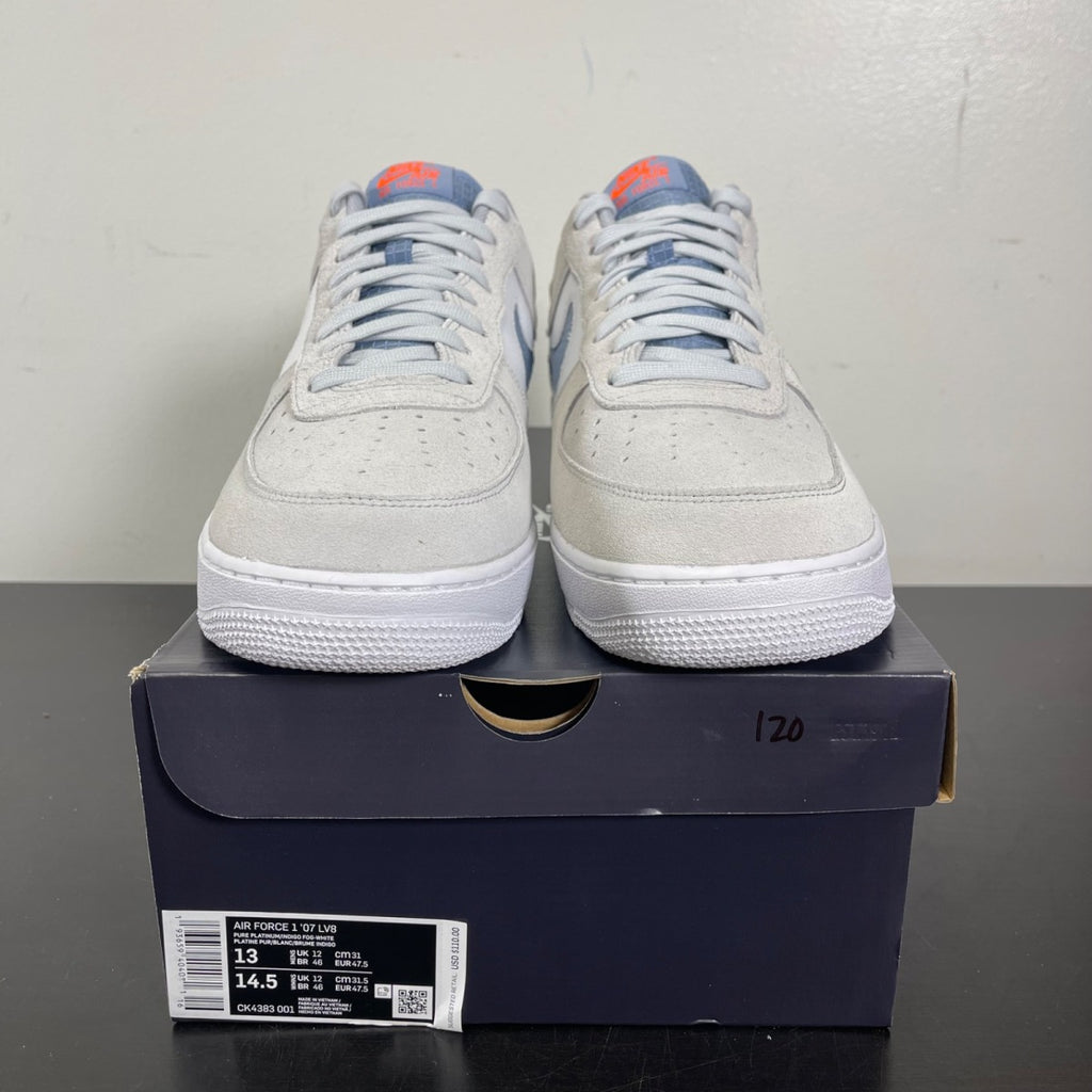 Nike Air Force 1 Low Pure Platinum Indigo Fog 13 (Moderately Worn Pre-Owned)NikePure Platinum/White-Hyper Crimson-Indigo Fog - Image 2