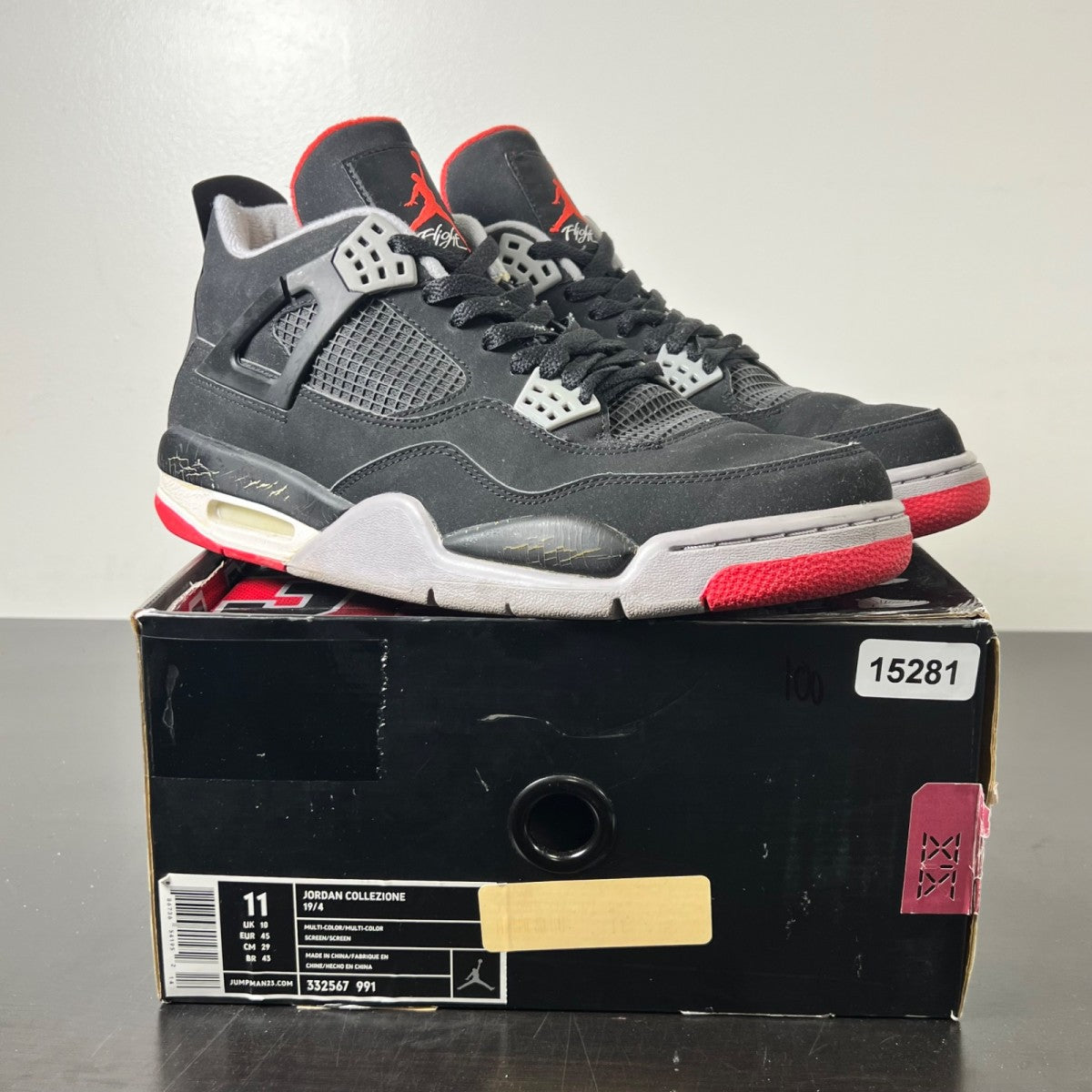 Jordan 4 Retro Black Cement CDP (2008) 11 (Heavily Worn Pre-Owned)JordanBlack/Cement Grey-Fire Red - Image 1