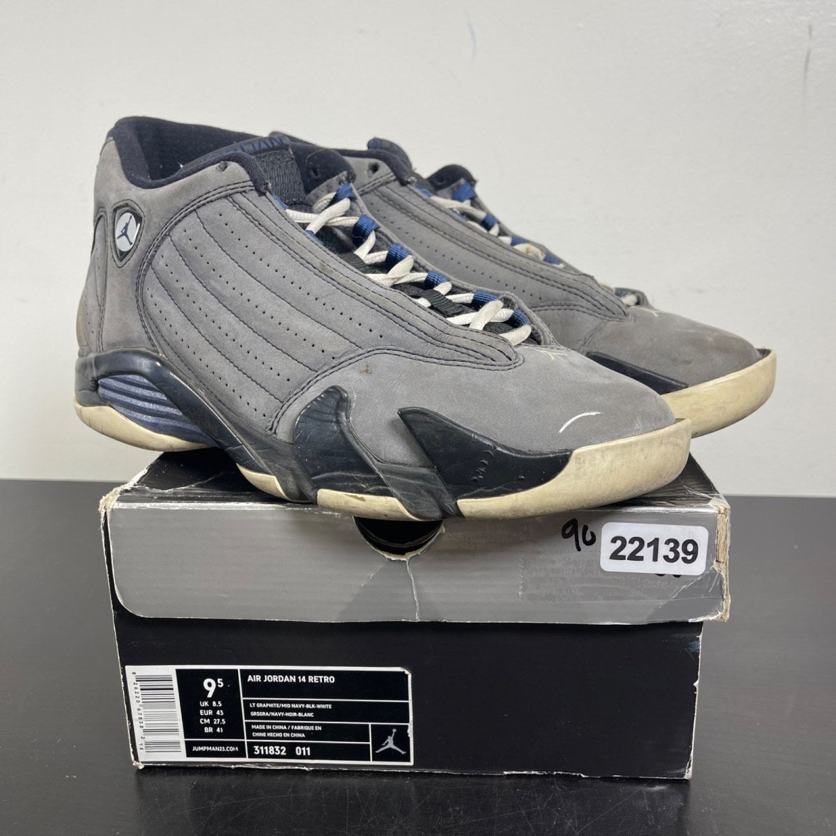 Jordan 14 Retro Light Graphite (2011) 9.5 (Heavily Worn Pre-Owned)JordanLight Graphite/Midnight Navy-Black - Image 1