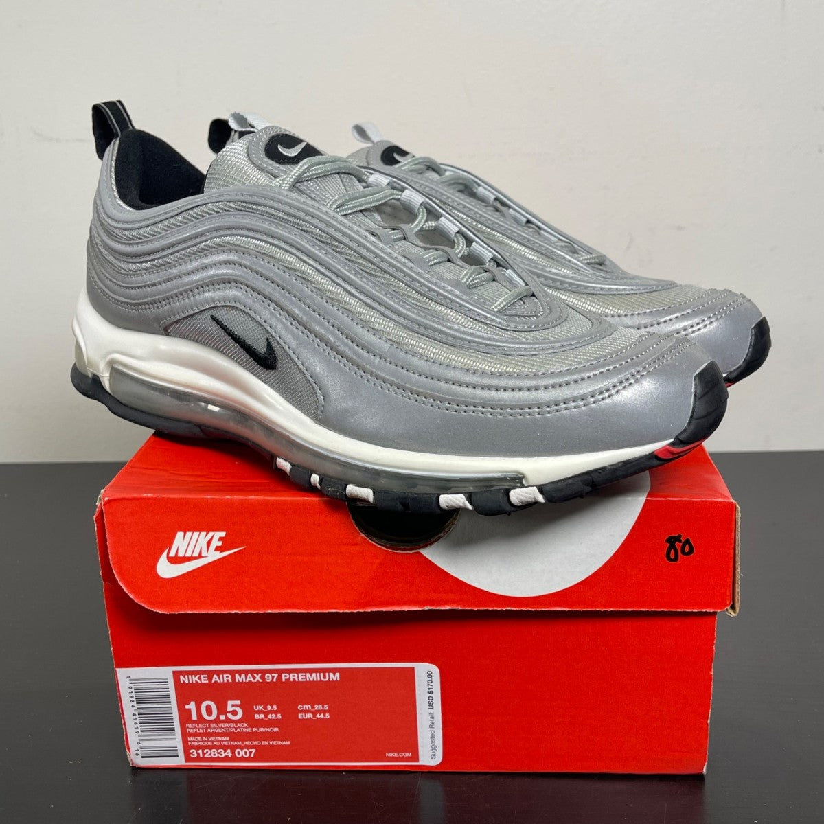 Nike Air Max 97 Reflective Silver 10.5 (Moderately Worn Pre-Owned)NikeReflect Silver/Black-Pure Platinum - Image 1