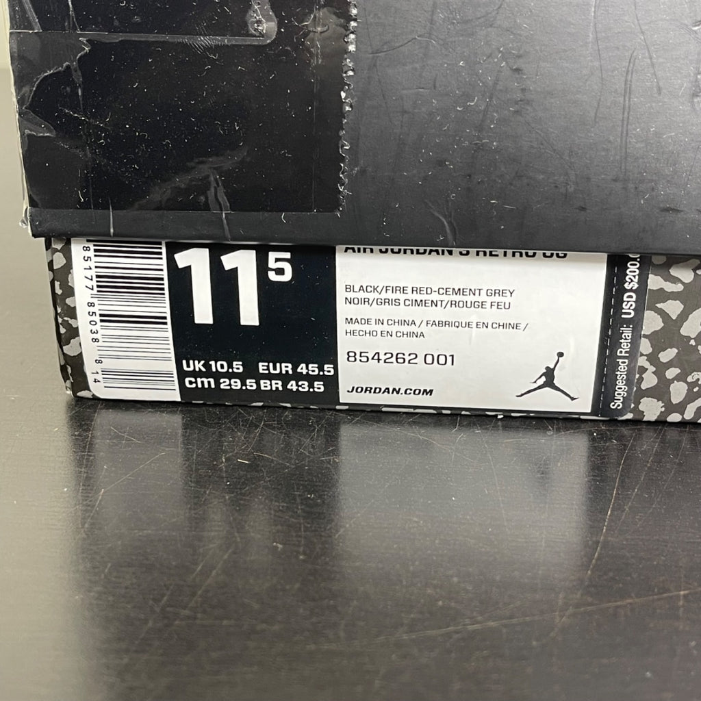 Jordan 3 Retro Black Cement (2018) 11.5 (Moderately Worn Pre-Owned)JordanBlack/Fire Red-Cement Grey-White - Image 7